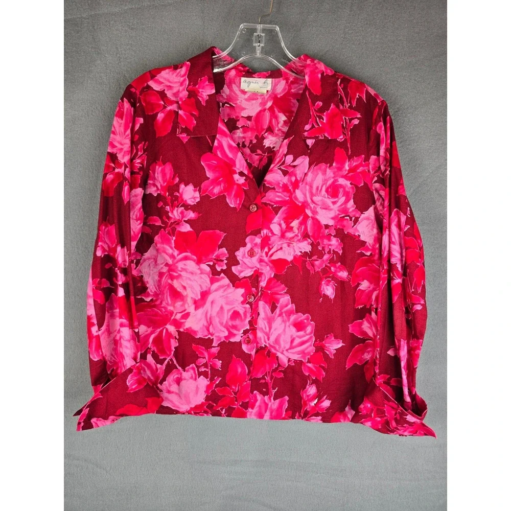Agnes B. Paris Blouse Womens 44 L Pink Floral Button Up Made in France Romantic